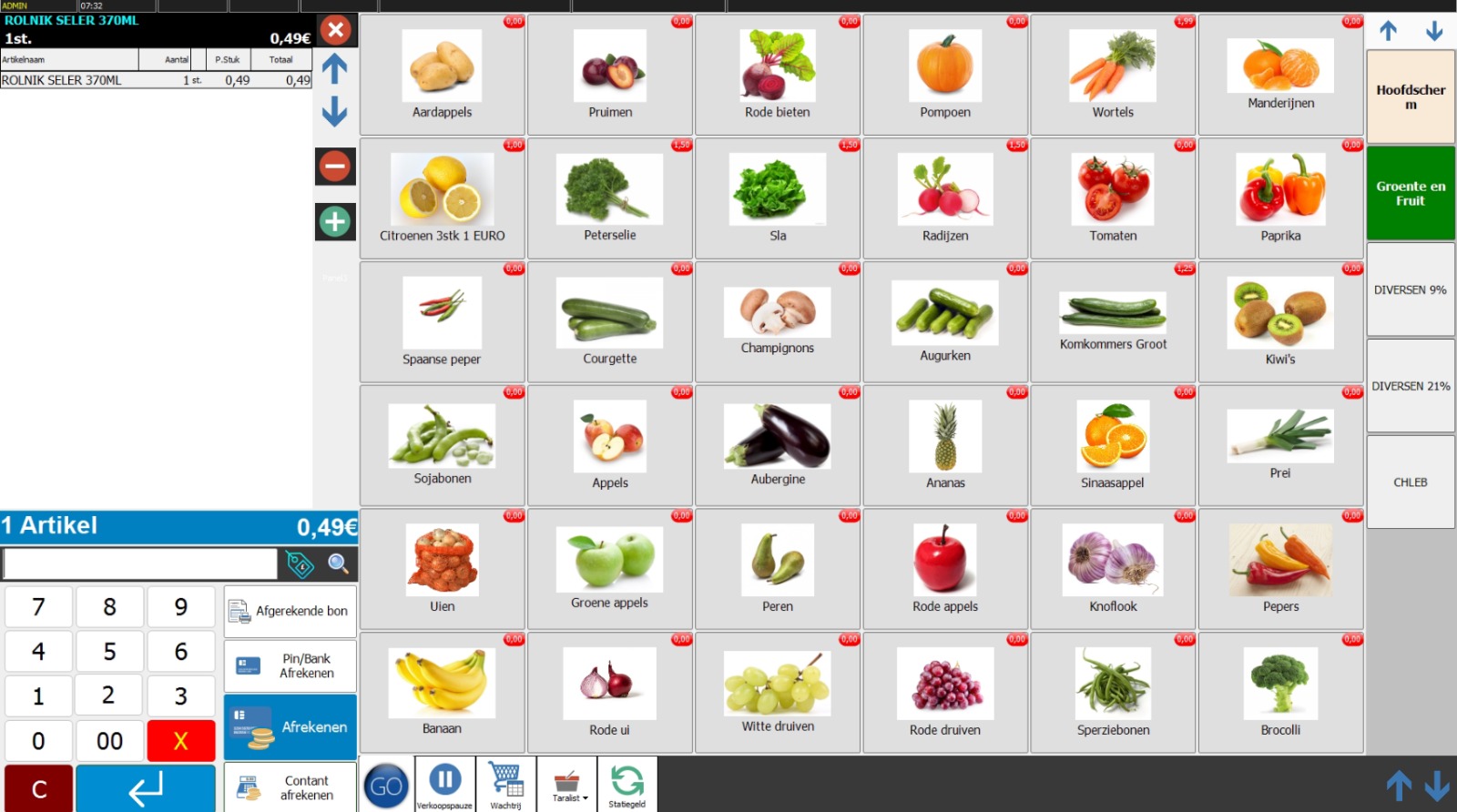 Groente en Fruit op het scherm van de kassa